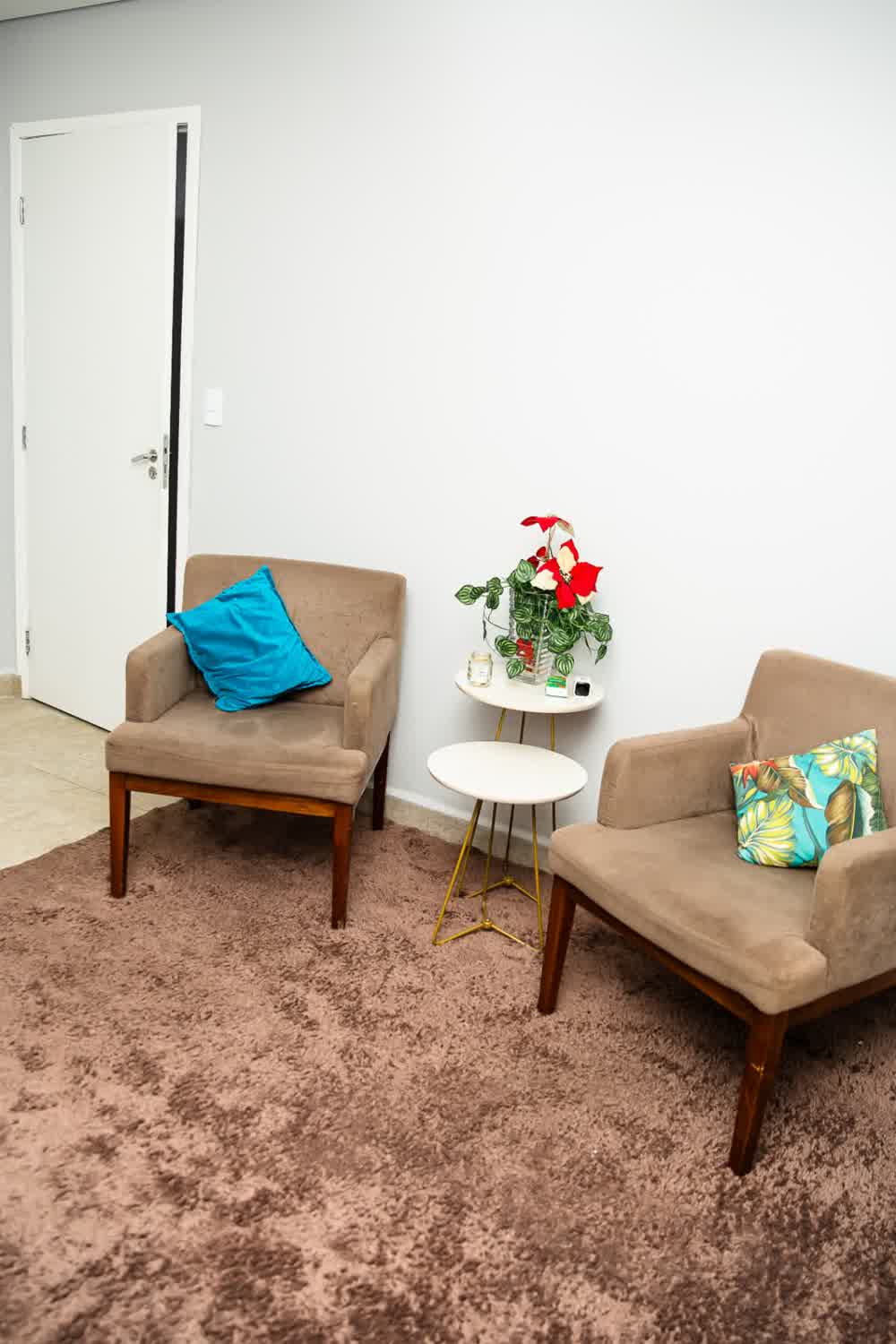 Sala de atendimento com poltronas, tapete e decoração natural
